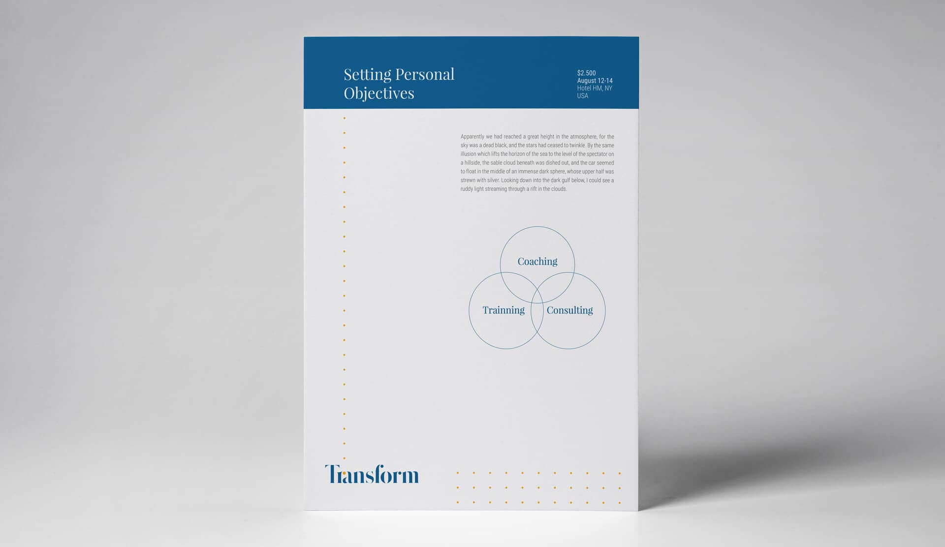 Transform printed application with blue header and white background